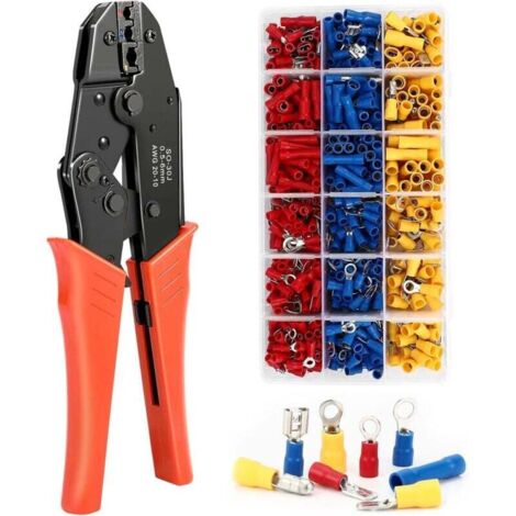 Crimpzange, 700 Stück isolierte AWG20-10 (0,5–1,5 mm²) (1,5–2,5 mm²) (4–6 mm²) Ratschen-Crimpzange für vorisolierte Kabelschuhe mit 700 Stück, 24 Arten von isolierten Crimp-Anschlussklemmen (1/4)