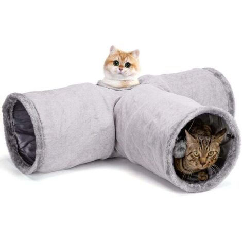 Katzentunnel, 3-fach zusammenklappbarer Tunnel mit 1 Loch und Spielball, T-förmiger Spieltunnel für Katzen, Kaninchen und Meerschweinchen, Grau (1/4)