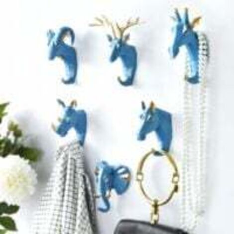 6 Stück Kleiderhaken, Tierkopf, Hirsch, Elefant, Ziege, Wandgarderobe, kreativer Retro-Vintage-Kleiderhaken aus Kunstharz, Wanddekoration, Türhaken für Eingang, Schlafzimmer, Badezimmer, Blaugold