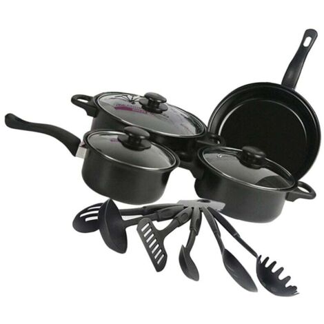 Topf- und Pfannenset, 13-teiliges antihaftbeschichtetes Kochgeschirrset, Induktionskochgeschirrset mit Bratpfannen, Kochtöpfen und Suppentopf, Schwarz (1/4)