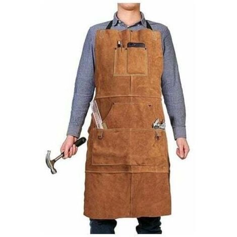 Tischlerschürze aus Leder, Arbeitsschürze mit 6 Werkzeugtaschen, Schweißerschürze für Männer und Frauen, hitzebeständige, flammhemmende Werkstattschürze, verstellbar von M bis XXL