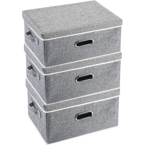 Set of 3 Stackable Foldable Clothes Storage Box with Lid and Handles, Washable Organizer Containers Bedroom Cloth Storage Box 37x27x20cm, Gray (1/5)