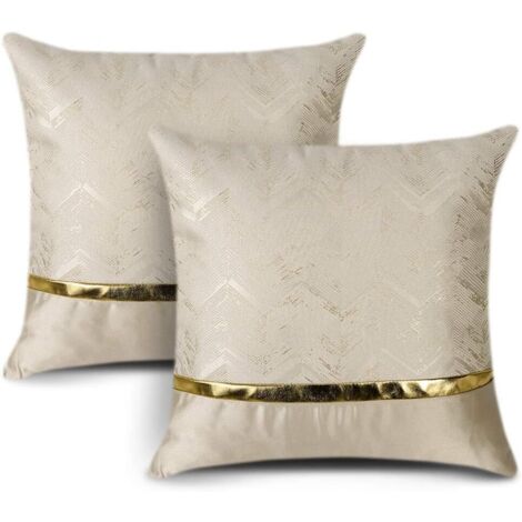 Set of 2 Square Cushion Covers for Bed, Sofa, Car Decor, Modern, Minimalist, Gold Leather with Wavy Stitching, 40 x 40 cm (Beige)