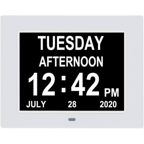 Digital Calendar Clock, Extra Large Day Clock, Date, Time and Day of the Week, Dementia Clocks for Visually Impaired Seniors with Battery Backup + 8 Alarm Options - 7" White (1/5)