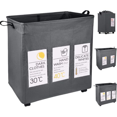 105L Collapsible Laundry Hamper with Wheels, 3 Compartment Rolling Laundry Bin with 6 Cards - Collapsible Laundry Hamper with Dirty Handle Laundry Storage Bin Dark Gray (1/5)