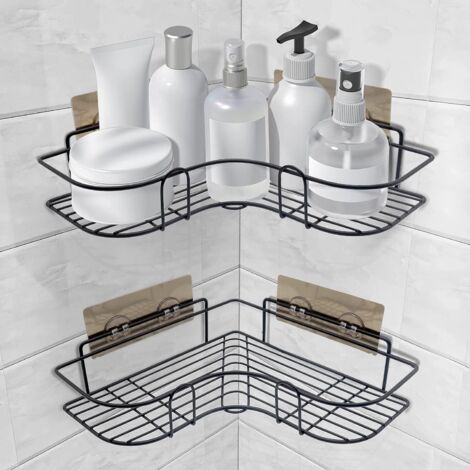 2 Pack Bathroom Corner Shelf, Self Adhesive Shower Organizer Rustproof Stainless Steel No Drilling for Bathroom Storage Shelves Kitchen Racks- Includes 4 Adhesive Stickers(Black)