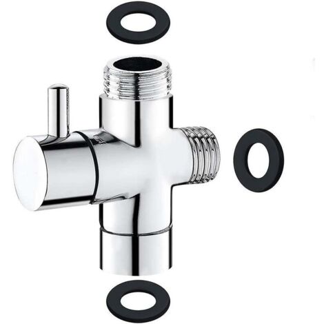 3 Way Valve, Solid Brass G1/2 Handheld Shower Shower Components Diverter Adapter Shower System Replacement Part, Polished Chrome (1/5)