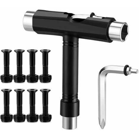 Skateboard T-Tool, Portable Multifunction T-Tool Wrench, with 8 Skateboard Deck Nails and L-Type Allen Wrench, for Skateboard, Tools, Scooter, Longboard, Mini Skateboard (1/5)