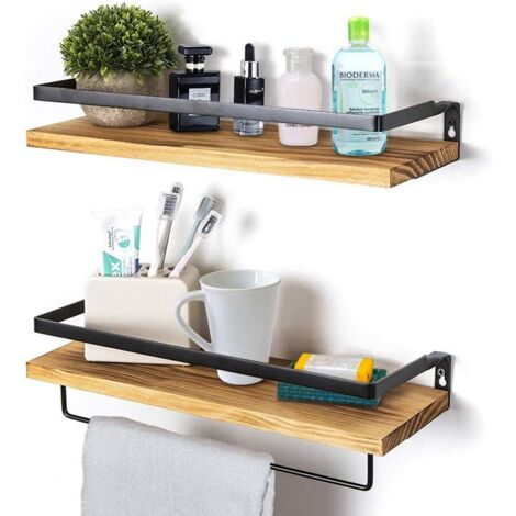 Set of 2 Wooden Floating Wall Mounted Shelves - with Towel Rack - Rustic Storage Shelves - for Living Room, Bedroom, Hallway, Bathroom (Charred Brown) (1/5)