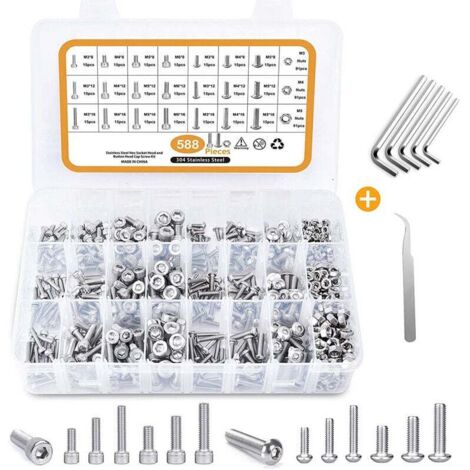 588 Pcs M3 M4 M5 M6 Screws Assortment - Metric Pan Head Socket Cap Screws - 304 Stainless Steel - Silver, (1/5)