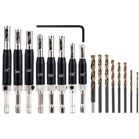 Hinge Drill Bit Set, 16pcs Self-Centering HSS Hinge Drill Bits for Wood Door Window Cabinet Drawer Pilot Hole, Replacement Bits and 1pc Hex Key, 5/64"-1/4"