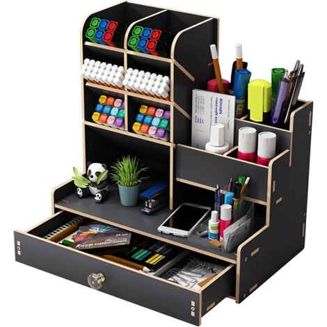 DIY Large Capacity Wooden Desk Organizer Storage Box with Drawer for Home Office School (B17, Black)