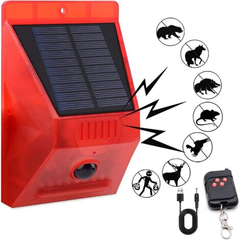 Solar Alarm Strobe Light with Remote Control Motion Sensor Detector Outdoor Alarm 129db Sound Security Siren IP65 Waterproof Protected for Villa, Chicken coop, Barn, Farm, Yard