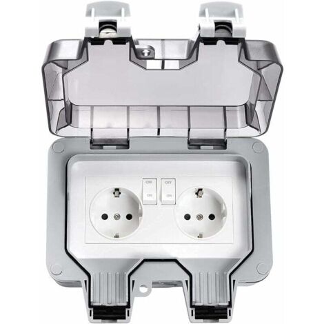 Outdoor Waterproof Sockets, Double Outdoor Electrical Socket IP66, Waterproof 2 Gang Wall Sockets with Covers, (1/5)