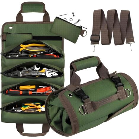 Tool Roll Up Bag, Heavy Duty Tool Organizer For Men Women, Portable Roll Up Tool Bag With 2 Detachable Pouch, Green Tool Storage Kit, Gifts For Dad