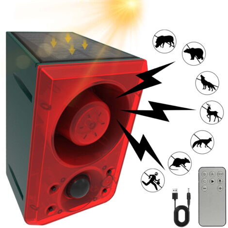Solar Outdoor Motion Sensor Alarm-Dog Barking&Gunshot Sound,Support Recording&±Volume,130db Loud Noise Maker,3 Work Modes Strobe Light with USB, for Home, Garden, Yard, Farm (1/5)