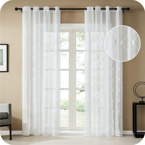 Voile Curtain Living Room 140x240cm White Linen Eyelet Embroidered Diamonds Curtains Large Window Voile Decor Living Room Adult Bedroom Dressing Kitchen