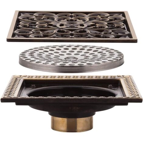 Antique Brass Bronze Shower Drain Shower Floor Drain Square Deodorizer 12cm12cm Shower Drain Drain with Removable Flower Pattern Cover, Large Flow