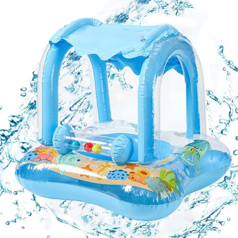 Baby Kid Summer Inflatable Pool Seat Boat Type Cartoon Bell with Sun Shade Canopy Swimming Ring Float Floating Pool Toy for Baby 6 -36 Months (Blue)