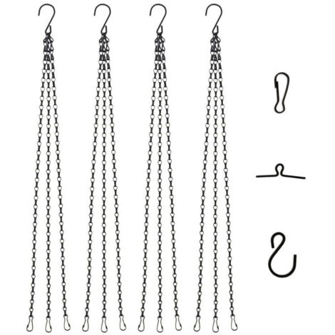 [4 Pack] 50cm Chaîne de panier suspendu à 3 brins Métal Rechange Crochet de chaîne avec crochet et clip pour pots de fleurs Jardinières Mangeoires d'oiseaux Lanternes Tableaux ornements - Noir (1/5)