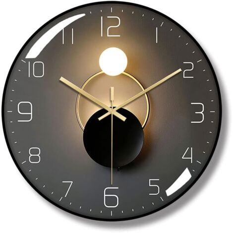 Wall Clock European Style Round Digital Quartz Wall Clock 30cm Diameter Wall Pendulum HD Glass Easy To Read Suitable For Living Room Study Bedroom Kitchen Wall Clock (Color : Schwarz)
