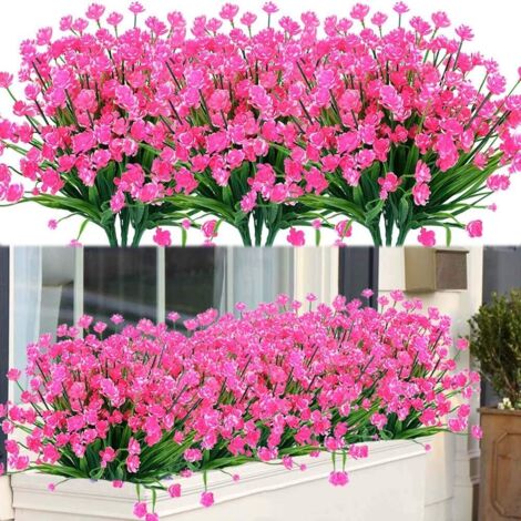 8 Bundles Outdoor Artificial Fake Flowers UV Resistant Shrubs Plants, Faux Plastic Greenery for Indoor Outside Hanging Plants Garden Porch Window Box Home Wedding Farmhouse Decor (Pink) (1/5)