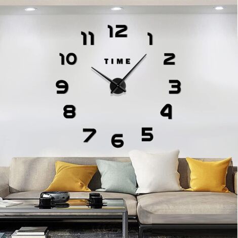 Large Modern Frameless Mute Wall Clock with 3D Metal Mirror for Living Room, Kitchen, Home, Office, Bedroom, School Decoration (Black) (1/5)