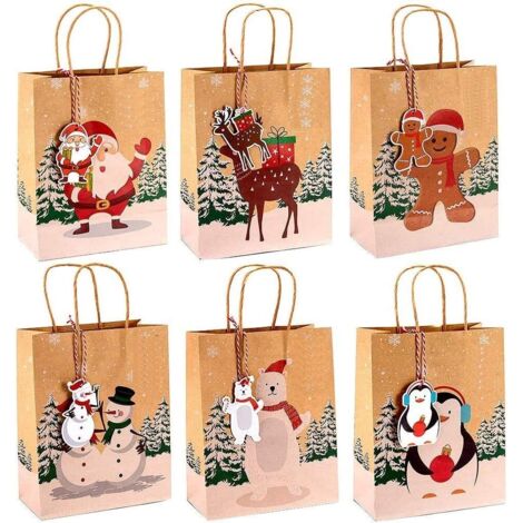 24 Pieces Christmas Gift Bags, 22 x 18 x 9cm Christmas Theme Kraft Paper Bags Goody Bags Christmas Party Bags Candy Paper Boxes - with 24 Christmas Tags