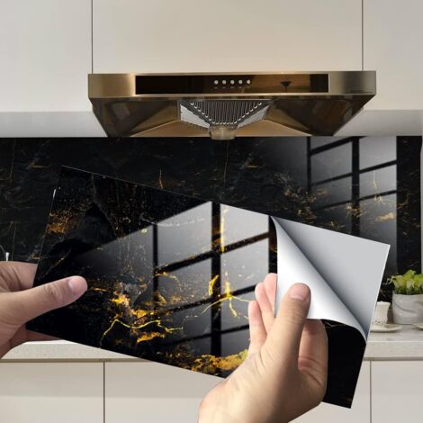 Marble Tile Stickers for Bathroom Kitchen Backsplash Oil Proof DIY Self Adhesive New Home Decor PVC Wall Stickers 12x6inch (Black+Gold Marble Pattern, 30x15cm(12"x6") - 16PCS )