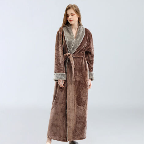 Peignoir Polaire Femme, Robe de Chambre Peignoir à  Doux avec Poches Hiver Cadeau de Noël XL Kaki