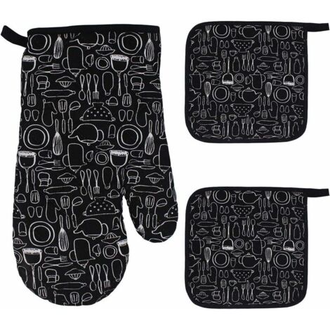 1 Gants de Four + 2 Maniques, Grand Gants de Cuisine, Gants de Four à Micro-Ondes, Gant Coton Doublure, Mitaines de Four, Gant Barbecue, Cuisine, grillade, Cuisson,Patisserie (Noir) (1/5)