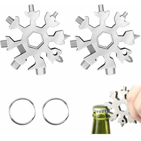 2 piècesNeige Outil,Outil portable flocon,acier inoxydable 18 en 1,Tournevis Ouvre Bouteille,Porte-clés Tournevis Ouvre,Adventure multifonction,18 en 1 Outil Tout Puissant (argent) (1/5)