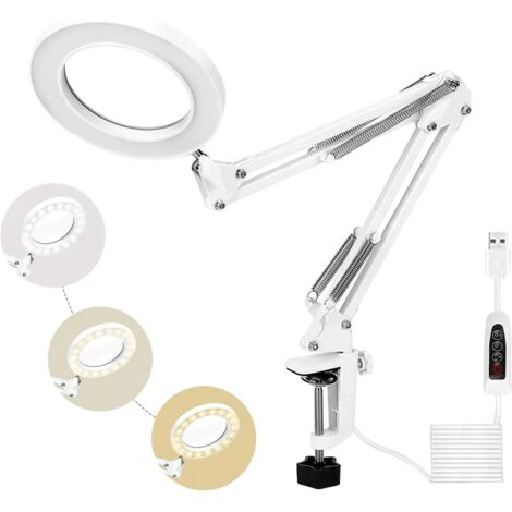 72LED Magnifying Lamp, 5X Desktop Daylight Magnifying Glass with Metal Clamp 3 Color Modes Dimmable for Repairing Crafts, Sewing, Reading（White）