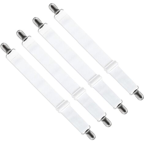 Adjustable Fitted Sheet Stretcher (65cm to 200cm), Adjustable Hold Down Strap Fastener for Bed Sheet, Sofa, Ironing Cover (White, Pack of 4)
