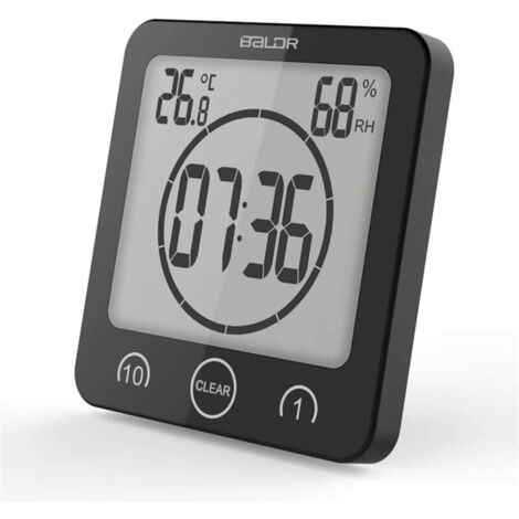 Horloge murale numérique pour salle de bain avec alarme, étanche aux jets d'eau, écran tactile, affichage de la température et de l'humidité, trou de suspension avec ventouse (noir) (1/5)