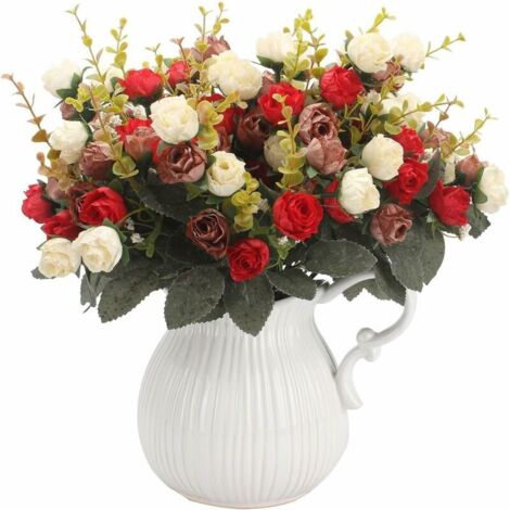Bouquet artificiel avec roses artificielles, 7 tiges, 21 fleurs, fleurs en soie, idéal comme décoration 2 morceaux de café rouge (1/4)