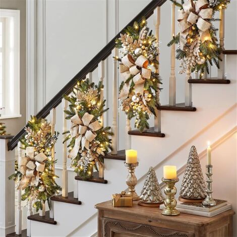 1 Piece Christmas Teardrop Wreath with Lights, 60cm Lighted Christmas Tree Wreath, Christmas Staircase Decoration, Christmas Wreath for Front Door Window (Gold) (1/5)