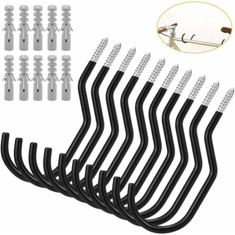 Lot de 10 crochets pour vélo Crochets de Rangement pour vélo Crochets de Vélo à Grande Capacité Crochet de Bicyclette Ensemble de Crochet Monté - Noir - Pour fixation murale ou au plafond (1/5)
