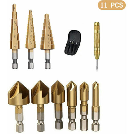 Accessoire pour une perceuse 11 pièces jeu de forets étagés en acier rapide ensemble de forets étagés avec poinçon central à ressort automatique ensemble de forets à fraiser sac de rangement pour bois (1/5)
