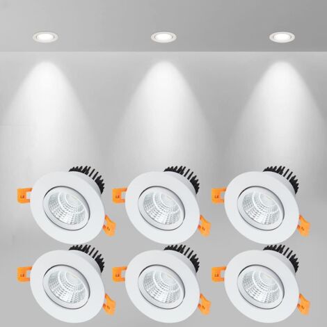 6x LED Recessed Spotlights, 5W COB Recessed Ceiling Light, Cool White 6000K, 500LM, AC 220-240V, Ra≥90, Beam Angle 24°, IP44, For Bathroom, Kitchen, Living Room, Hallway (White)(Aperture: 75mm)