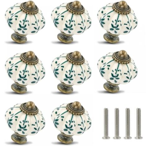 Set of 8 Ivory and Green Ceramic Knobs - Pumpkin Cabinet Knobs Retro Dresser Knobs - Vintage Drawer Pulls with Screws for Cabinet Cupboard Drawer and DIY Project at Home (1/4)