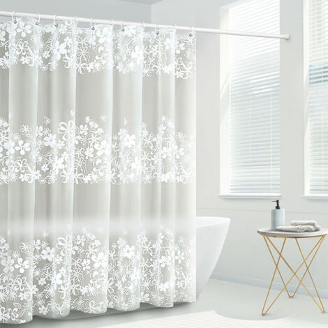 Curtain with Attached Valance for Bathroom, White Victorian Floral Sheer Knit, Shabby Chic Fabric Decor Set, W 72" x L 72" (1/5)