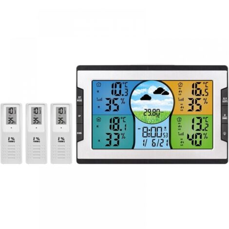 Digital Weather Station with 3 Remote Sensors 328ft/ 100m Indoor Outdoor Temperature Humidity Monitor Alarm Clock with Thermohygrometer Snooze with Weather Forecast/Pressure/Backlight