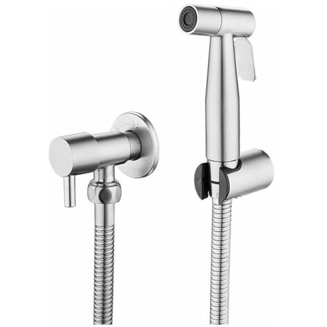 Toilet Spray Gun Kit, 304 Stainless Steel Punch-Free Toilet Flush Booster with G1/2" Hoses and T-Valve, Silver