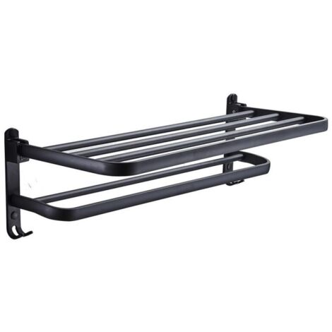 Bathroom Towel Rack Towel Shelf with Double Towel Bars Wall Mounted Washbasin Holder with Hooks Aluminum Hotel Bath Rack (Matte Black 50cm) (1/5)