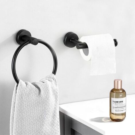 Toilet roll holder and towel ring, 2 bathroom accessories matt black stainless steel