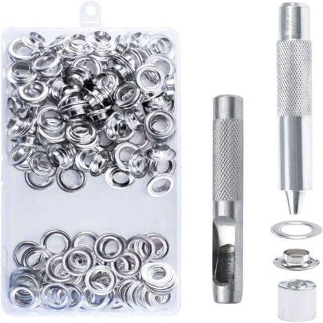 100pcs Grommets Eyelets Tools Kit, 10mm Eyelets for Tarps, Eyelet Kit, Grommet Kit with 3 Pieces Tool, Eyelets for Tarpaulin, Shoes, Clothing, Tents (1/5)