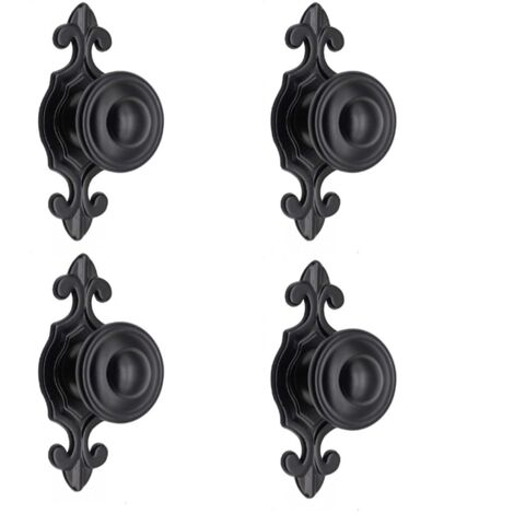 4 Black Door Handles with Base, Vintage Country Pulls for Cabinets, Drawers, Cupboards or Doors, 74mm (1/4)
