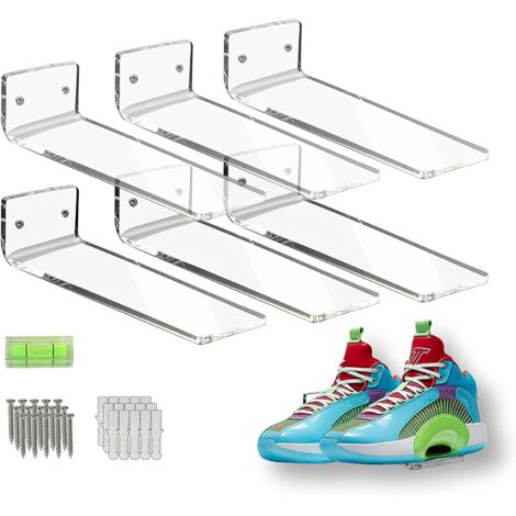 Set of 6 Acrylic Floating Shoe Racks, Clear Shoe Shelf on Wall, Wall Mounted Storage for Shoe Collection or Shoe Box, Photos, Vinyl Records (1/5)