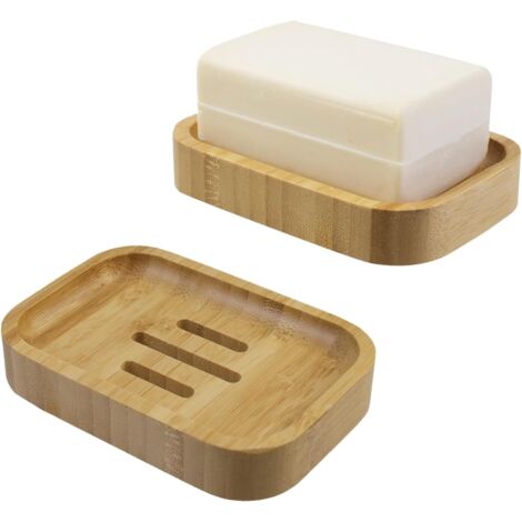 Set of 2 Natural Wood Bamboo Soap Dish Holder for Bathroom Kitchen Sponges Storage Accessories (1/5)